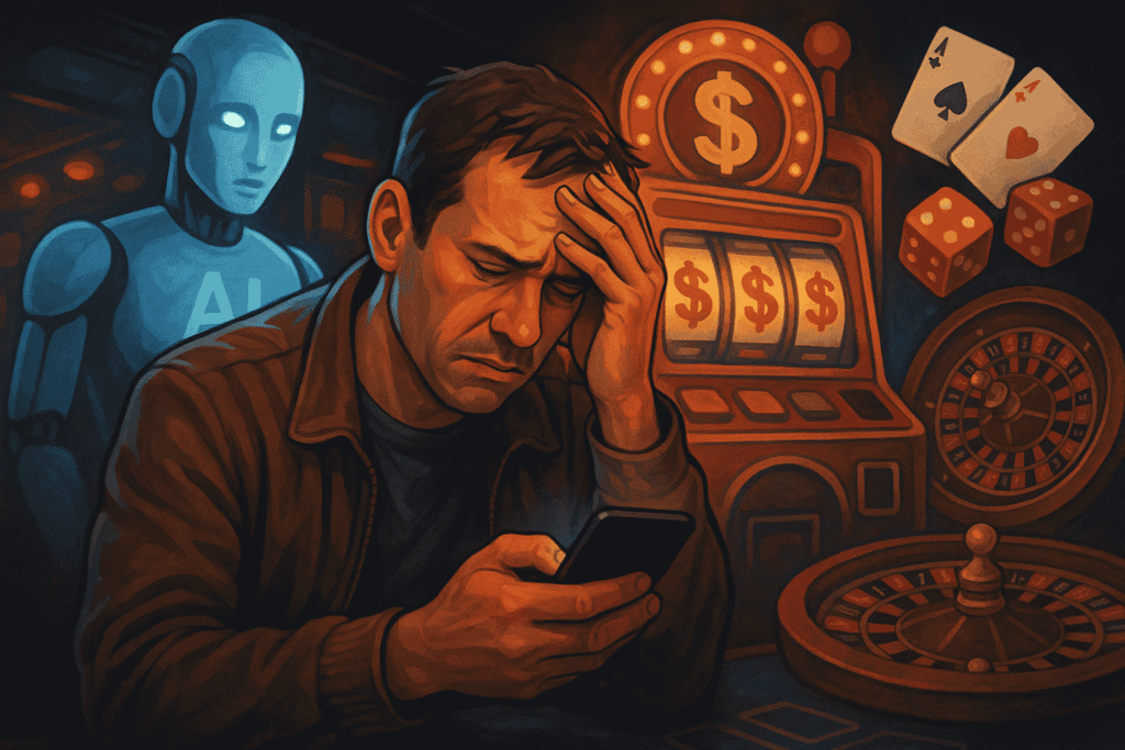 A worried man using a smartphone sits at a casino table, with slot machines, roulette, dice, and cards in the background. A glowing blue humanoid robot labeled "AI" looms behind him.