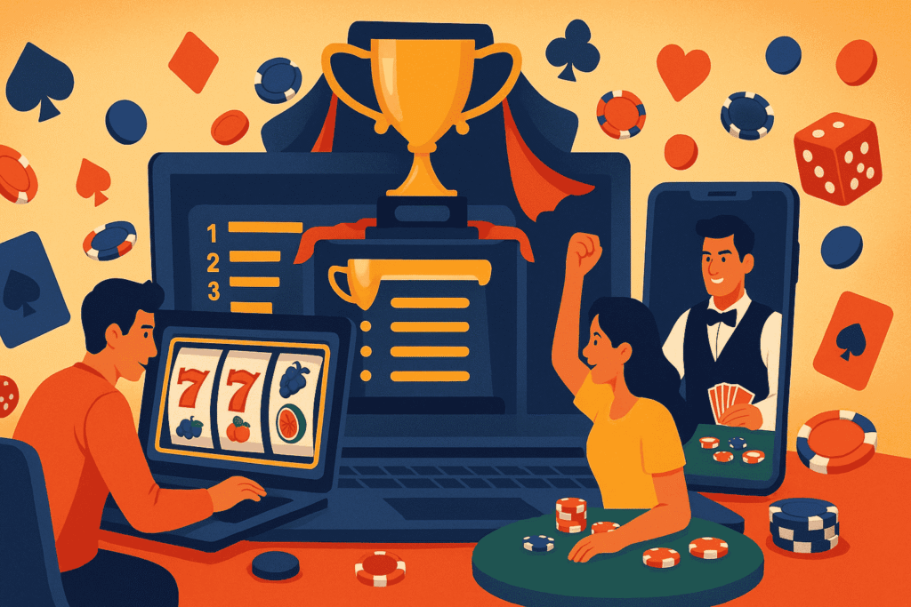 Online casino players participating in a slot tournament with leaderboard and dealer