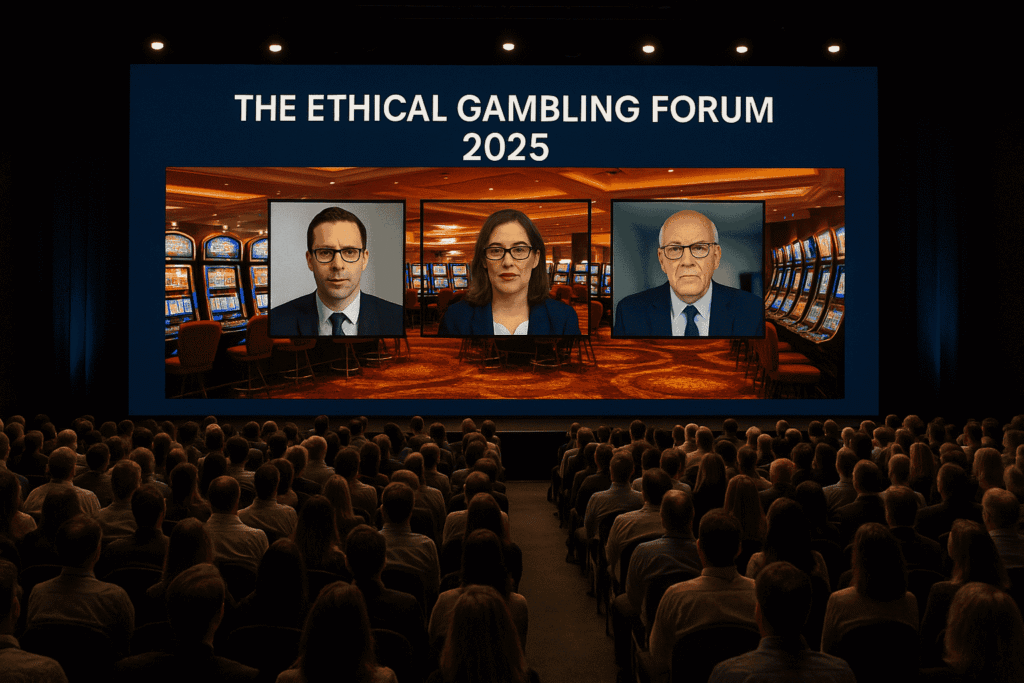 Panel of speakers shown on a large screen at the Ethical Gambling Forum 2025