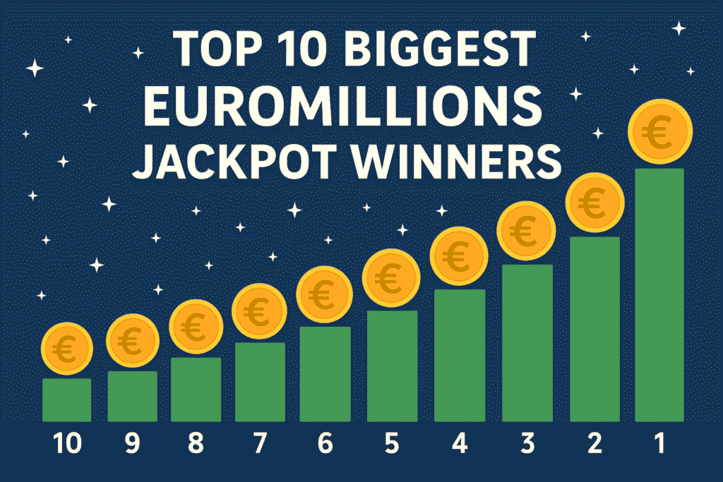 Graph showing the growth trend of the top 10 EuroMillions jackpots with gold coins.