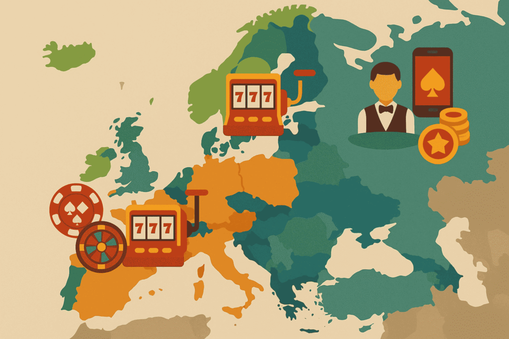 Illustrated map of Europe highlighting the popularity of online casino games with slot machines, roulette wheels, and a digital dealer.