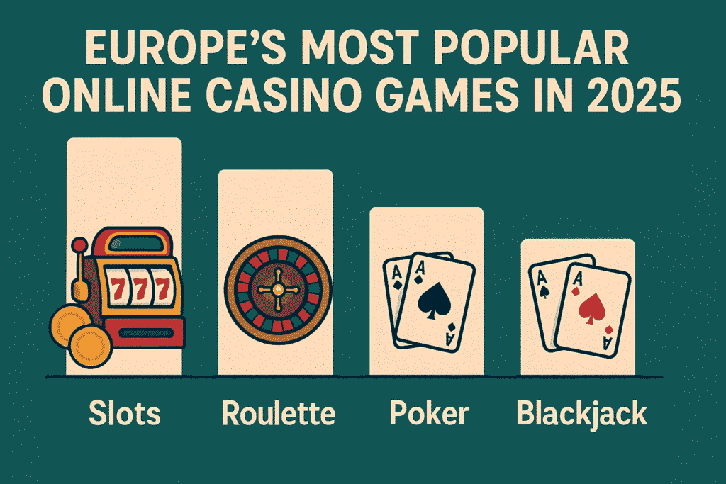 Bar graph titled "Europe’s Most Popular Online Casino Games in 2025" showing slots, roulette, poker, and blackjack.