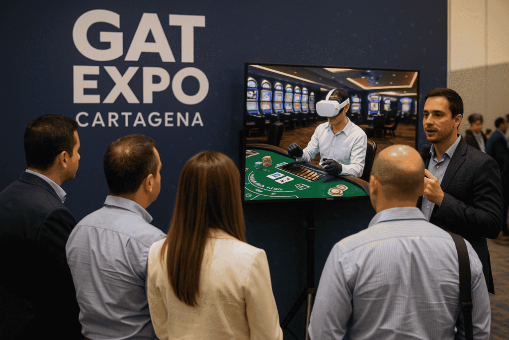 Business professionals observing a virtual reality casino demo at GAT Expo Cartagena 2025.