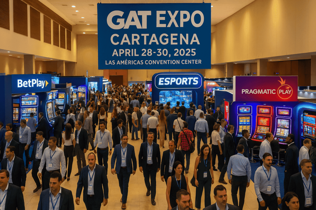 Large crowd attending GAT Expo Cartagena 2025 at Las Américas Convention Center.