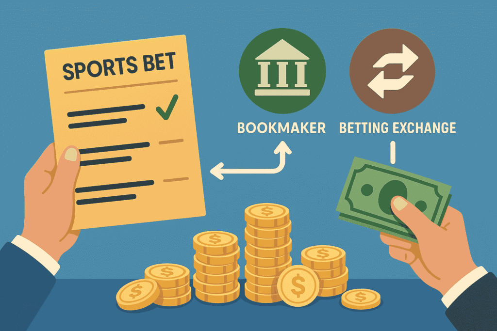 Sports bet ticket and money exchanged between bookmaker and betting exchange.