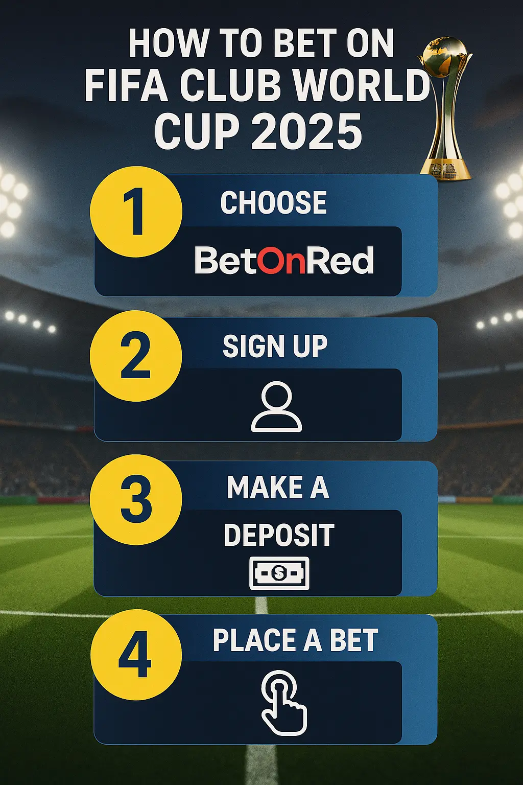  A football-themed infographic showing four steps to bet on the FIFA Club World Cup 2025 using BetOnRed: choose platform, sign up, make a deposit, and place a bet.