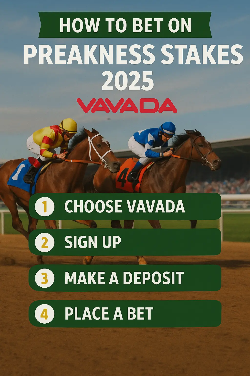 A horse racing-themed infographic without phone mockups, clearly showing four steps to bet on Preakness Stakes 2025 using Vavada: choose Vavada, sign up, deposit, place a bet.