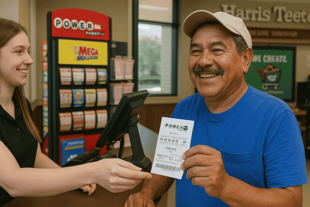 Smiling man in a blue shirt holds a Powerball lottery ticket inside a store.