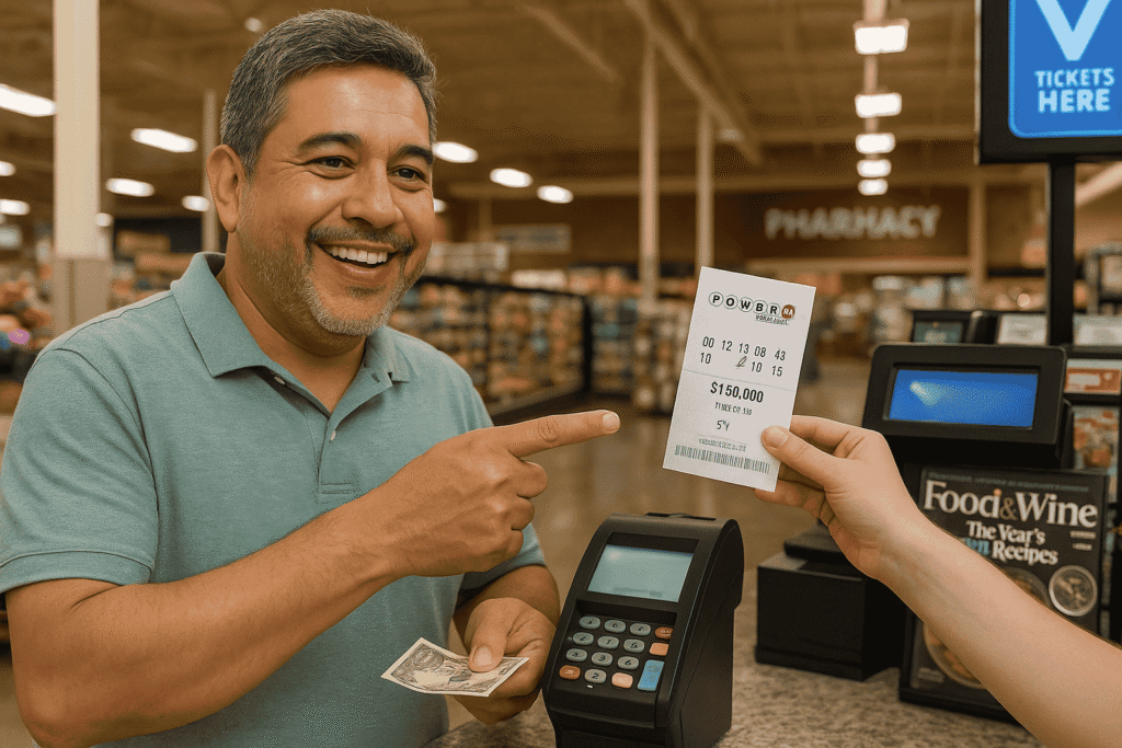 Happy man at a checkout counter pointing at his $150,000 Powerball ticket.