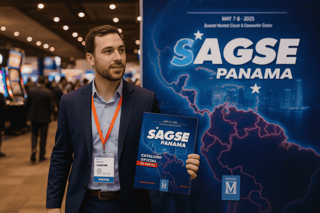 Man holding official SAGSE Panama 2025 catalog at the expo venue