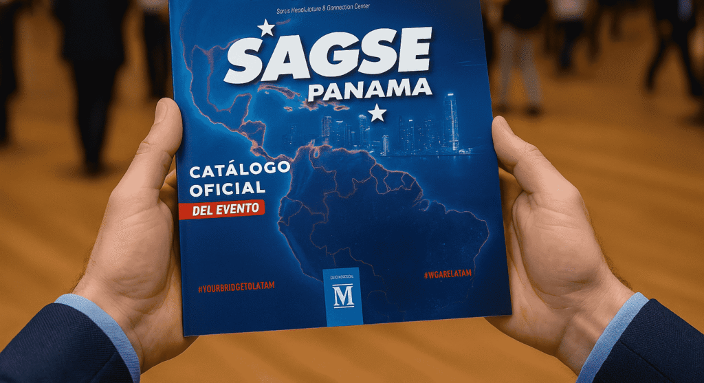 Close-up of SAGSE Panama 2025 event catalog with map and logo