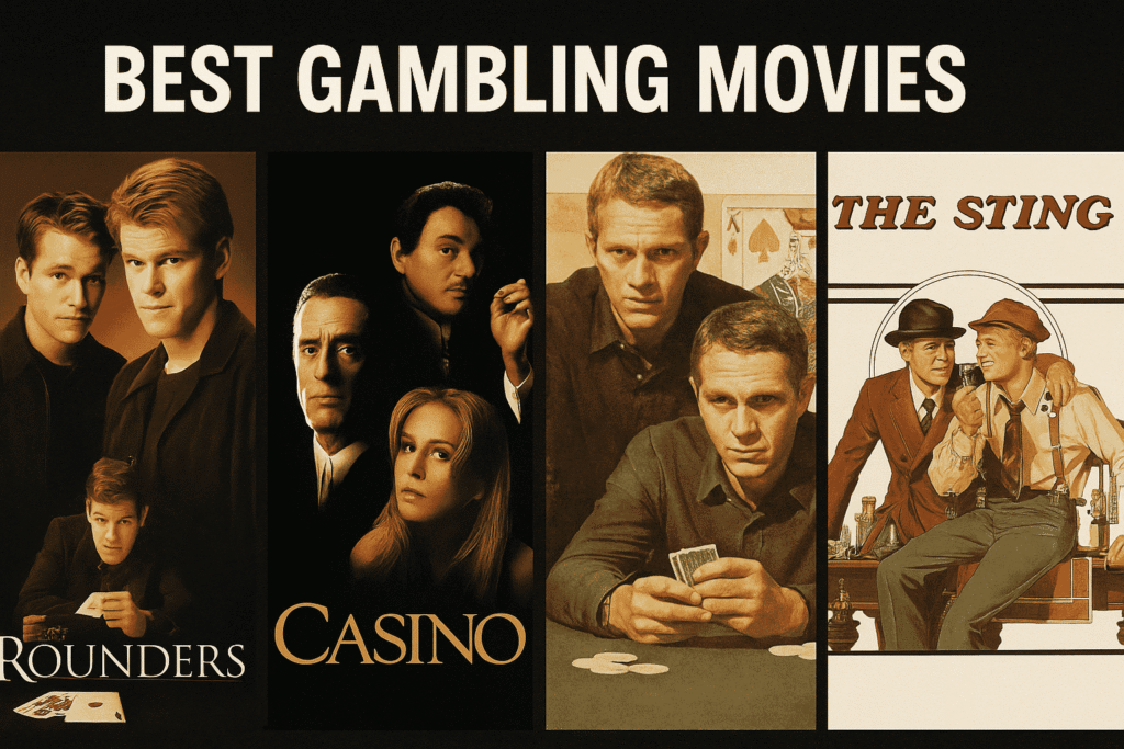 A collage of iconic gambling movie posters including "Rounders," "Casino," "The Cincinnati Kid," and "The Sting," showcasing famous actors at poker tables and casinos.