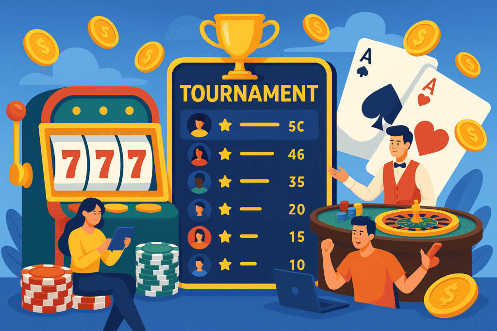Digital casino tournament leaderboard with players ranked and slot machine in background