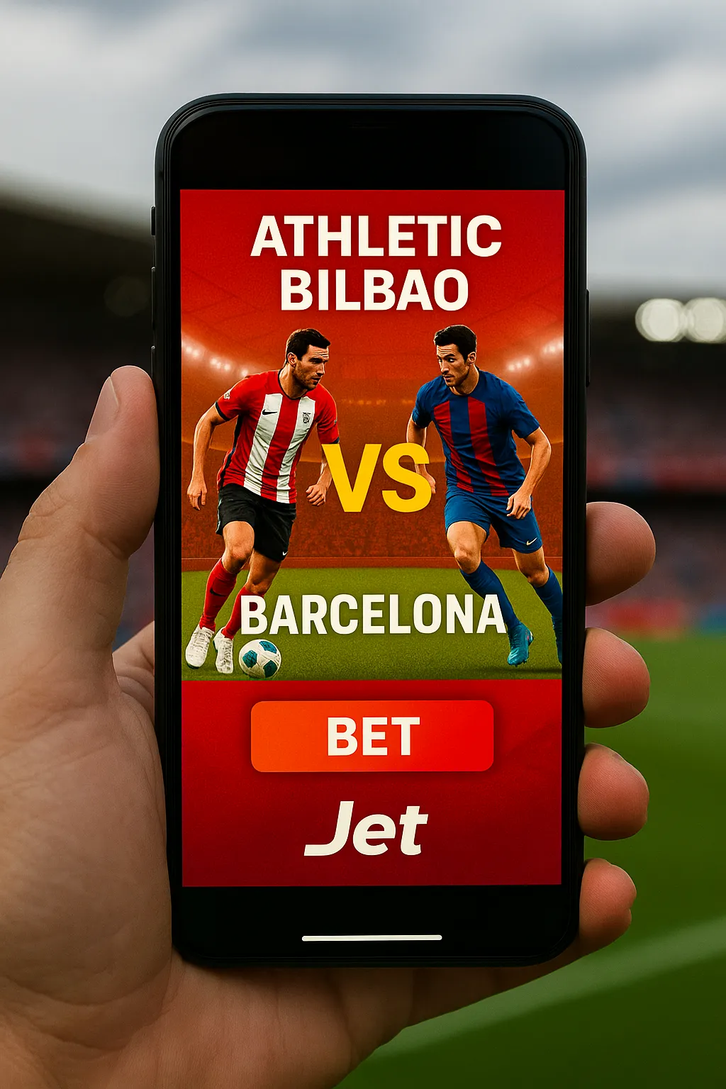 A hand holds a smartphone showing a Jet Casino betting promo for the Athletic Bilbao vs. Barcelona match, featuring both players on a vivid background with a red “BET” button.