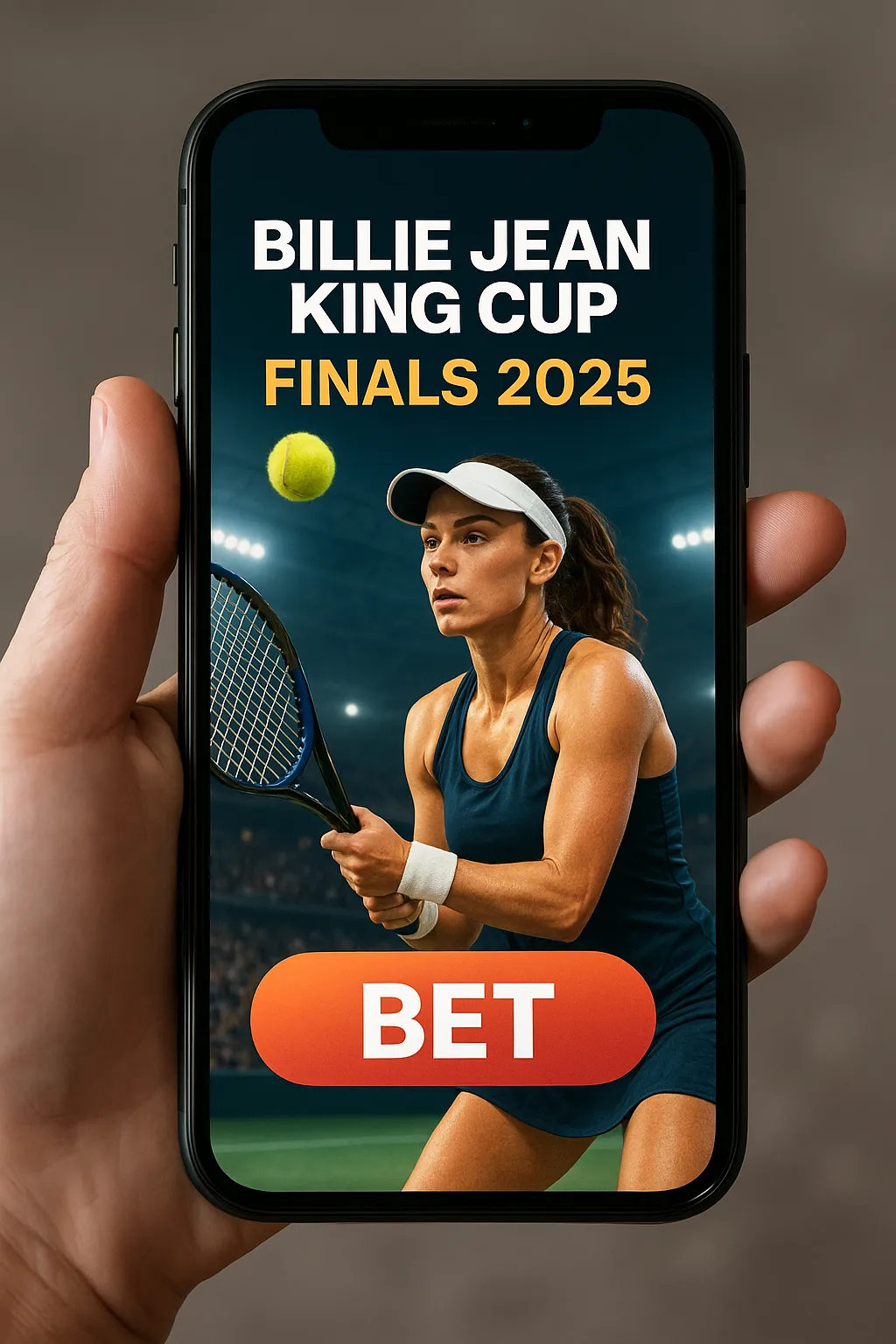 A person holds a smartphone vertically displaying a Billie Jean King Cup Finals 2025 betting promo with a female tennis player and a bright red BET button.