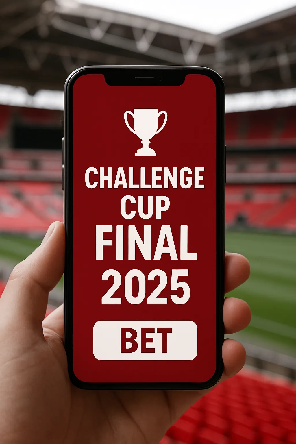 A smartphone displays promotional graphics for the Challenge Cup Final 2025 with the word “BET” on screen, held in front of a stadium.