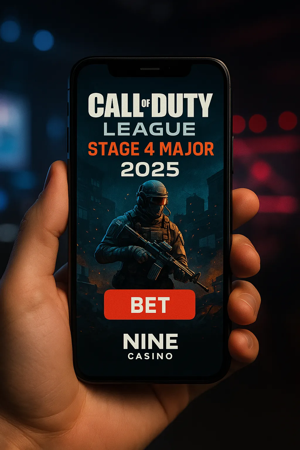 A smartphone shows a Call of Duty League Stage 4 Major 2025 betting promo for Nine Casino, featuring a tactical soldier, red BET button, and gaming arena lights in the background.