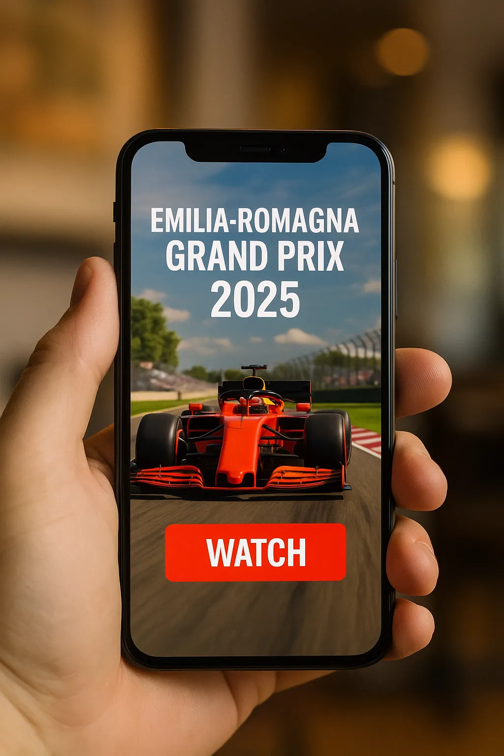 A person holding a smartphone showing the Emilia-Romagna Grand Prix 2025 promo with a red F1 car on track and a bold red “WATCH” button.