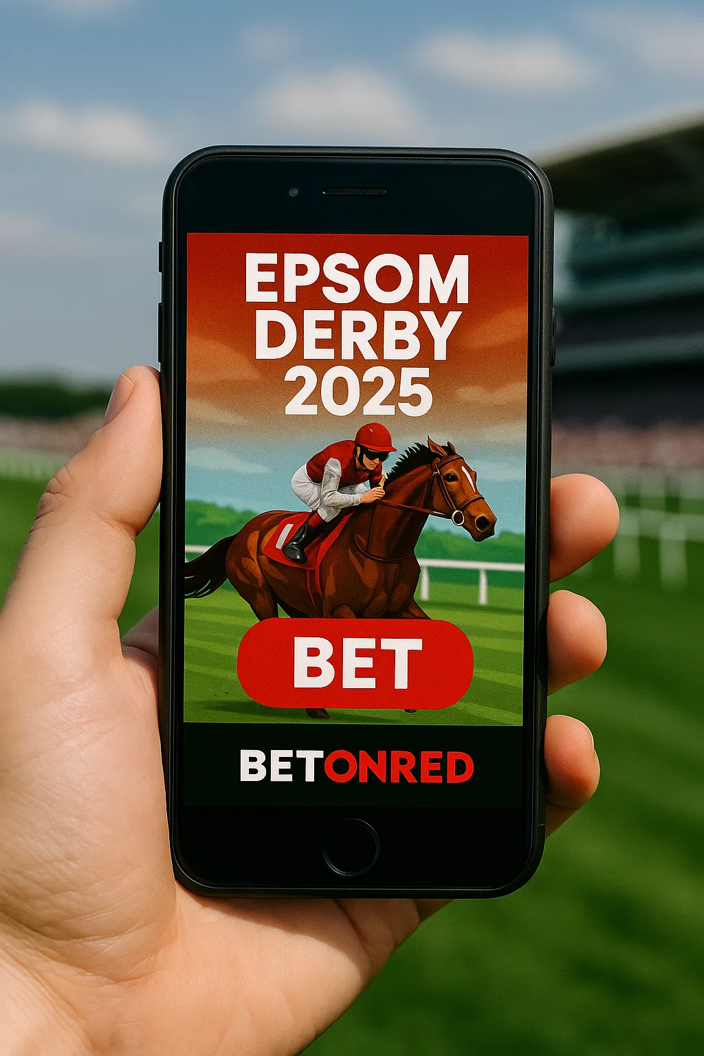 A smartphone displays a BetOnRed promo for Epsom Derby 2025 with a jockey riding a horse and a bold red “BET” button, set against a green racetrack background.