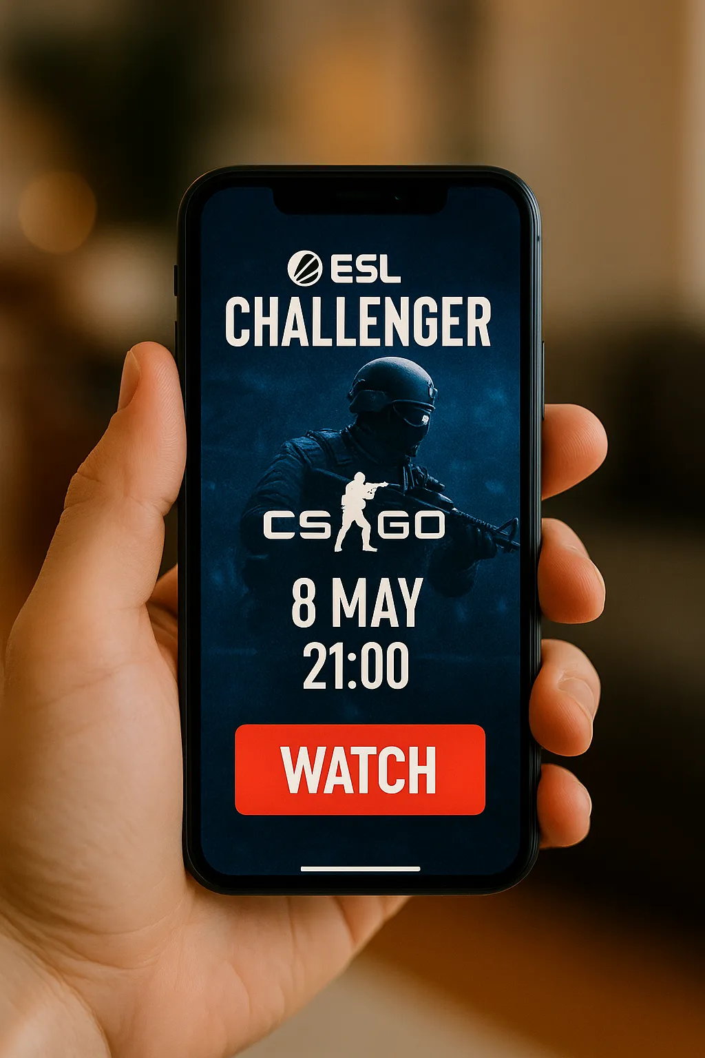 A hand holding a smartphone showing the ESL Challenger CSGO tournament on May 8 at 21:00, with a CS:GO soldier graphic and red “WATCH” button.