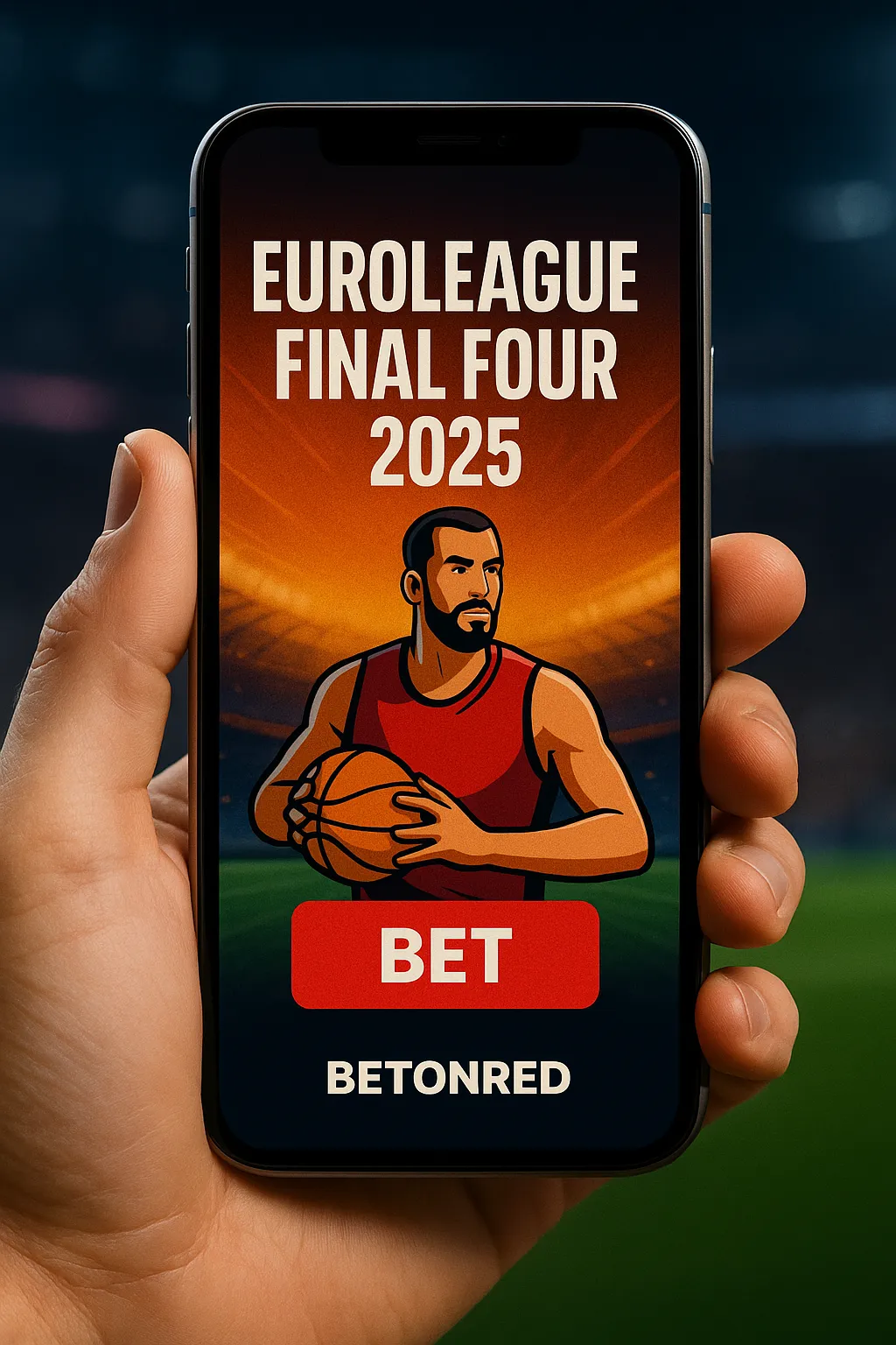 A person holds a smartphone showing a BetOnRed Casino betting promo for EuroLeague Final Four 2025, with a basketball player in red and a bold red BET button on screen.