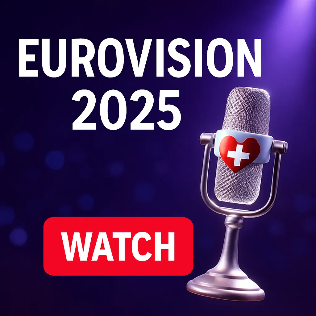 A square promotional thumbnail for the Eurovision 2025 Final, featuring a glowing stage with purple lighting, dramatic spotlight beams, and a large red “WATCH” button at the center. The scene evokes a live concert atmosphere, ideal for promoting the grand finale.