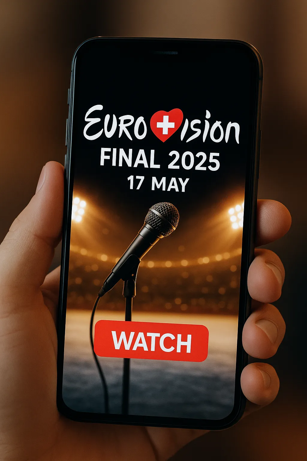 mobile watch promo — a person holding a phone with Eurovision 2025 visuals, sparkles or stage lights, and a clear WATCH button.