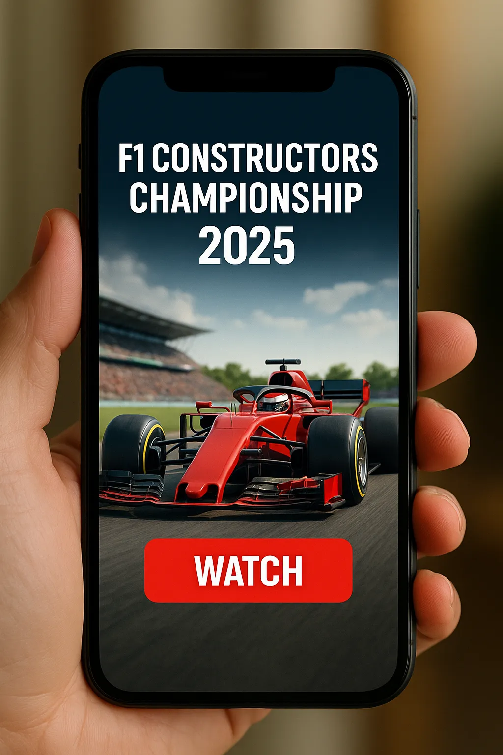  A hand holding a smartphone displaying the F1 Constructors Championship 2025 with a red Formula 1 car on a racetrack and a bold red “WATCH” button.