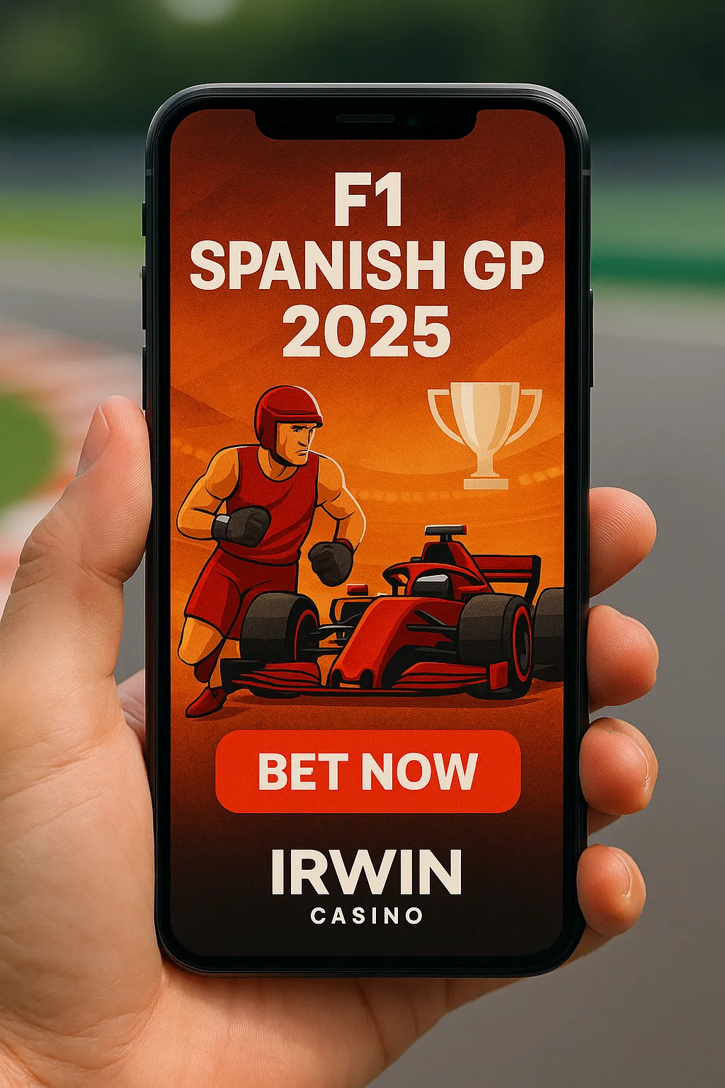 A smartphone screen shows an F1 Spanish GP 2025 betting promo with a red race car, bold “BET NOW” button, and Irwin Casino branding, set against a racing track background.