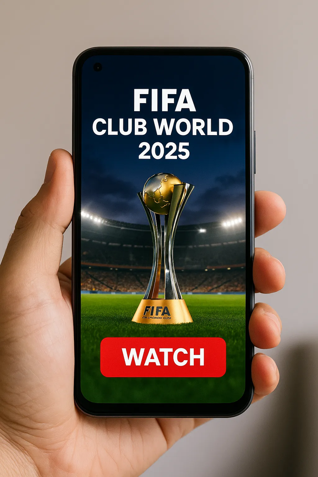 A hand holding a smartphone displaying the FIFA Club World Cup 2025 trophy on a stadium field with a bold red “WATCH” button at the bottom.