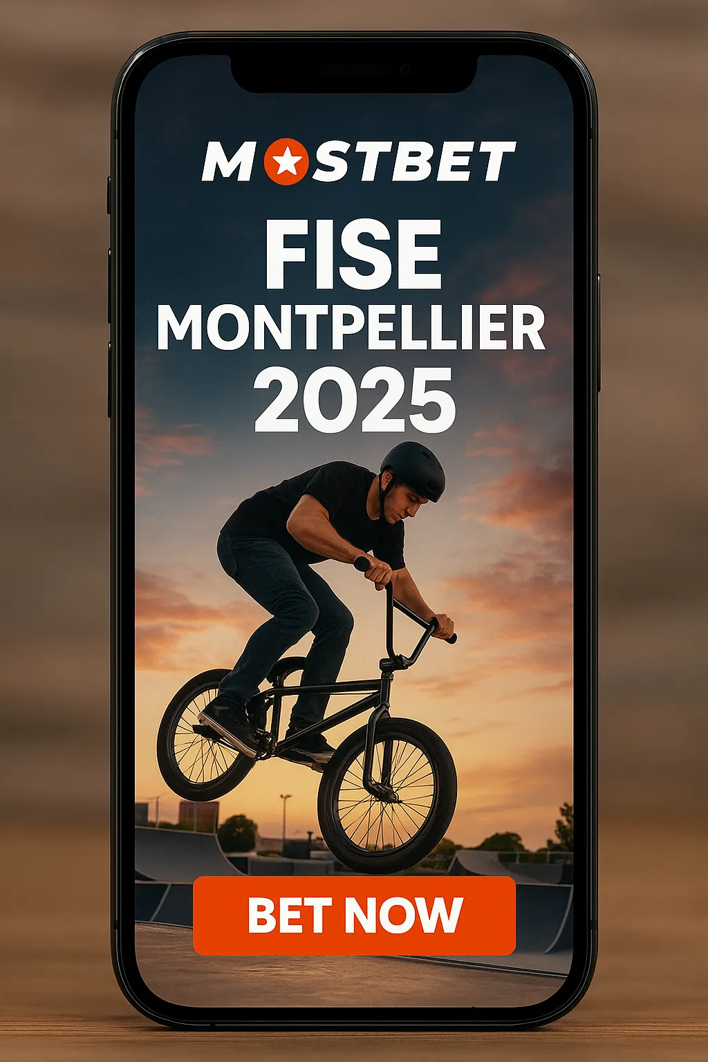 Poster-style thumbnail for FISE Montpellier 2025 showing a BMX rider mid-stunt at sunset with MostBet Casino branding.