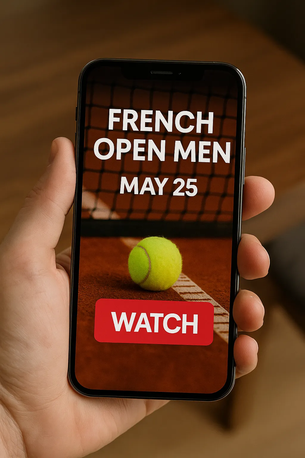 A hand holding a smartphone showing details for the French Open Men’s tennis championship starting May 25, with a tennis ball on clay and a red “WATCH” button.