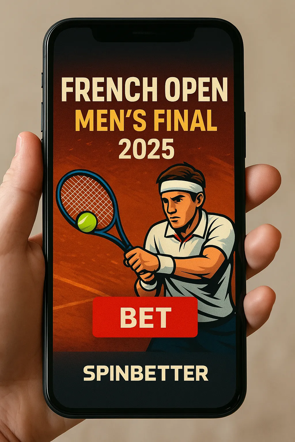 A person holds a smartphone displaying a SpinBetter betting promo for the French Open Men’s Final 2025, with a tennis player graphic, bold BET button, and clay court background.