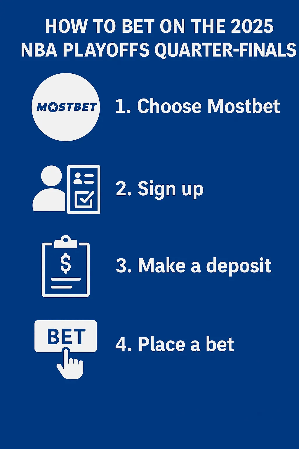 A blue infographic showing four steps to bet on the 2025 NBA Playoffs Quarter-Finals using Mostbet: choose Mostbet, sign up, make a deposit, and place a bet.