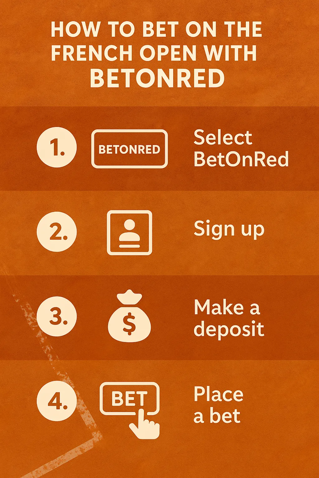 A clay-court-themed infographic showing four steps to bet on the French Open with BetOnRed: select BetOnRed, sign up, make a deposit, and place a bet.