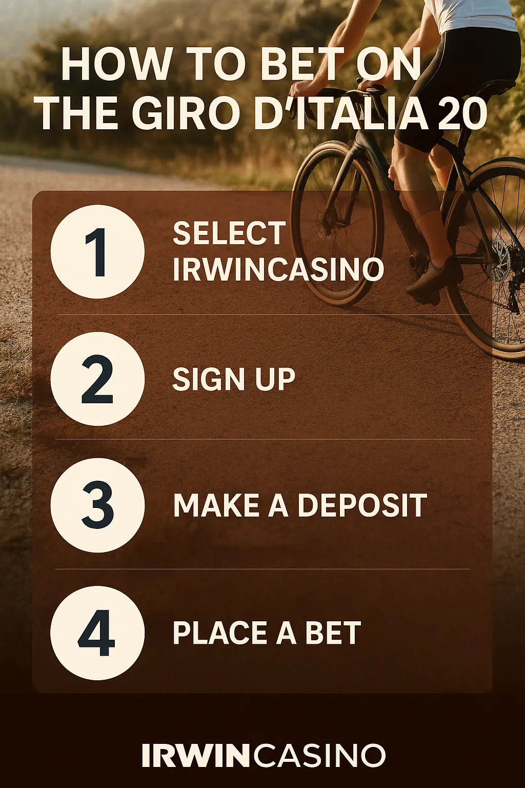 A cycling-themed infographic showing four steps to bet on the Giro d’Italia 2025 using IrwinCasino: select platform, sign up, deposit, and place a bet.