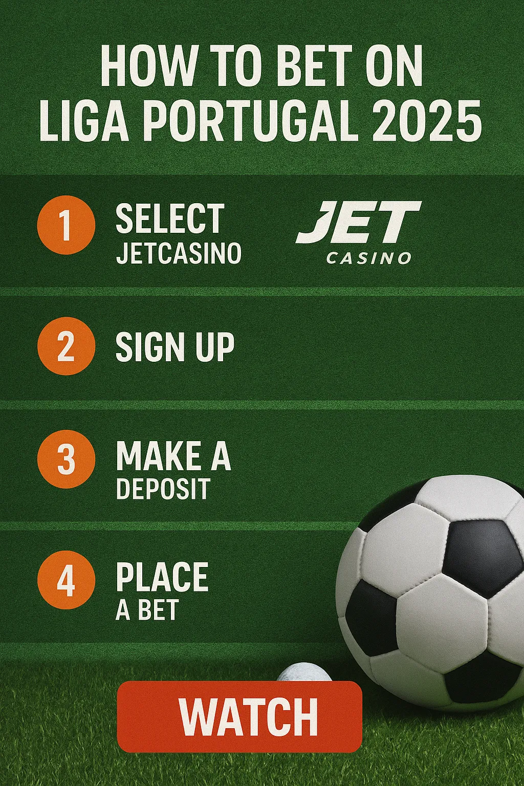A football-themed infographic showing four steps to bet on Liga Portugal 2025 using JetCasino: select JetCasino, sign up, make a deposit, place a bet.