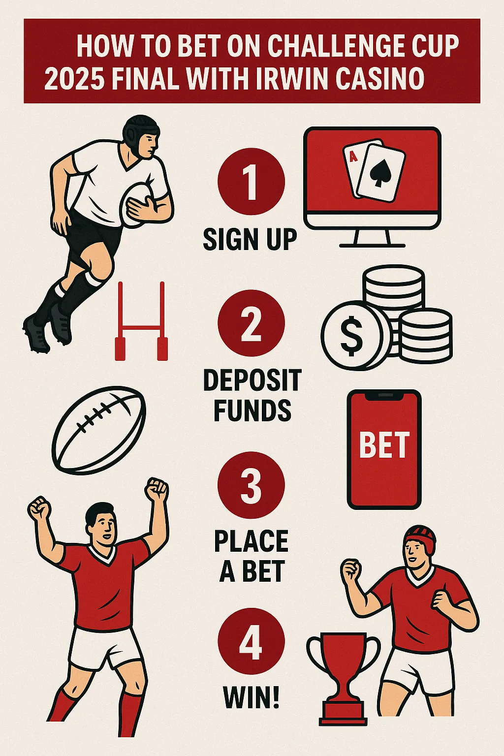 Four-step infographic showing how to bet on the Challenge Cup 2025 Final using Irwin Casino. Includes rugby-themed illustrations for each step: sign up, deposit funds, place a bet, and win.