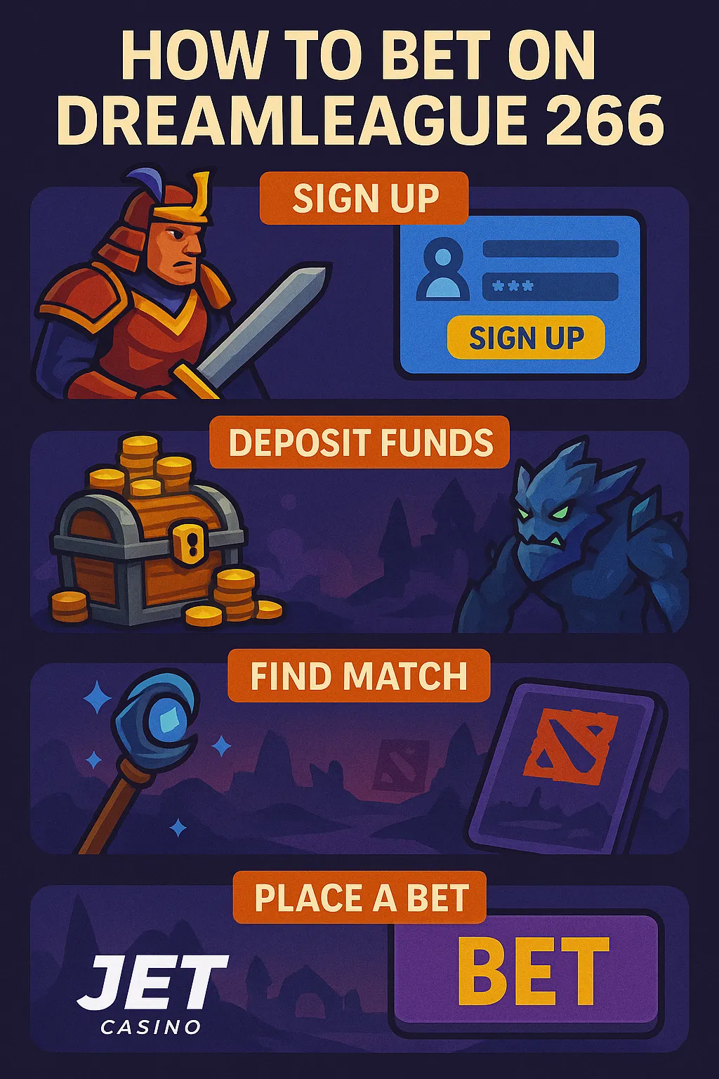 Infographic showing four steps to bet on Dream League Season 26 via Irwin Casino: sign up, deposit, find match, and place a bet, with Dota-inspired visuals.