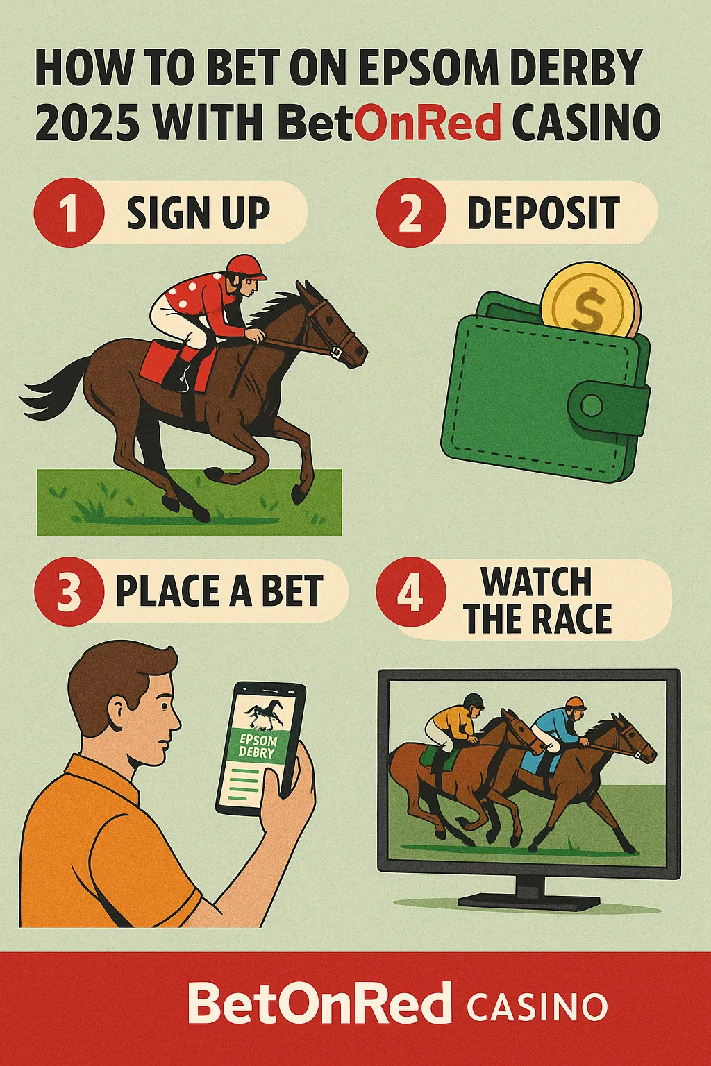 Four-step infographic showing how to bet on the Epsom Derby 2025 with BetOnRed Casino. Steps include signing up, depositing, placing a bet, and watching the race, with racing-themed illustrations.