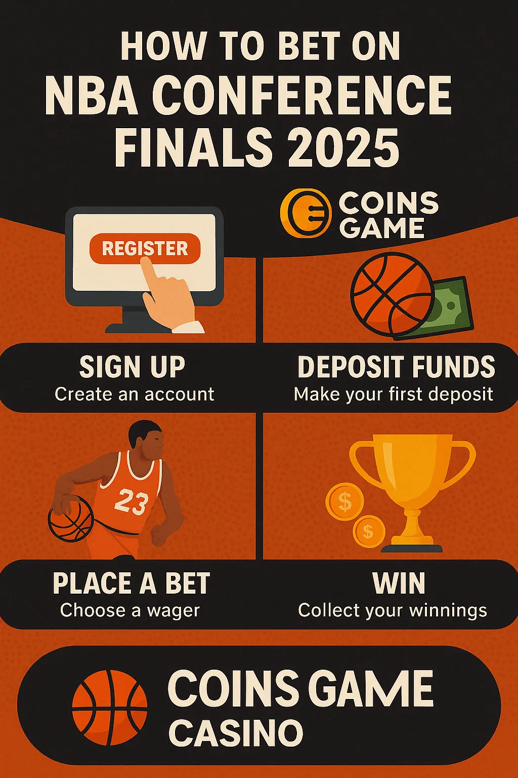 Infographic for betting on NBA Conference Finals 2025 with Coins Game Casino, showing four steps—sign up, deposit funds, place a bet, and win—with bold icons and basketball visuals.