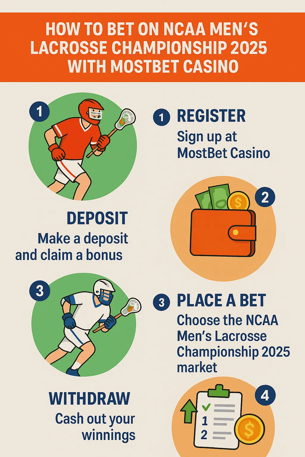 Four-step infographic for betting on NCAA Men’s Lacrosse Championship 2025 with MostBet Casino. Includes register, deposit, place a bet, and withdraw, with lacrosse visuals and bonus details.