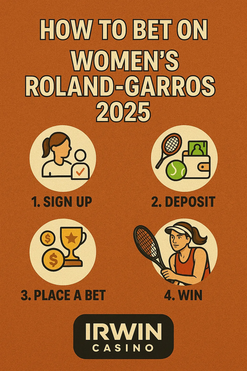 A step-by-step infographic with clay court tones explaining how to bet on the Roland-Garros Women’s Championship 2025 via Irwin Casino: sign up, deposit, place a bet, and win.