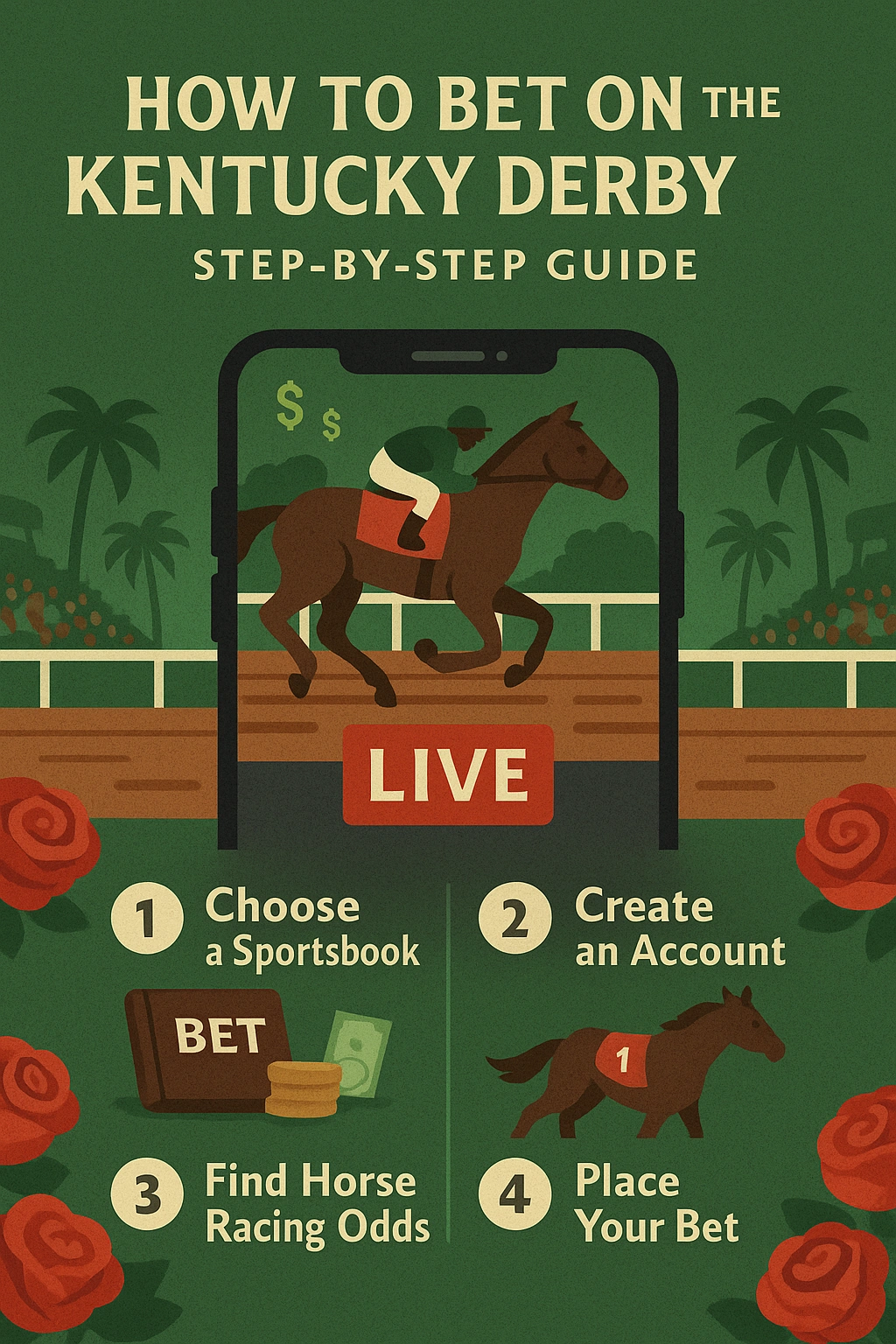 Infographic showing four steps to bet on the Kentucky Derby 2025: choose a sportsbook, create an account, find horse racing odds, and place your bet, with equestrian-themed icons and a classic racing feel.
