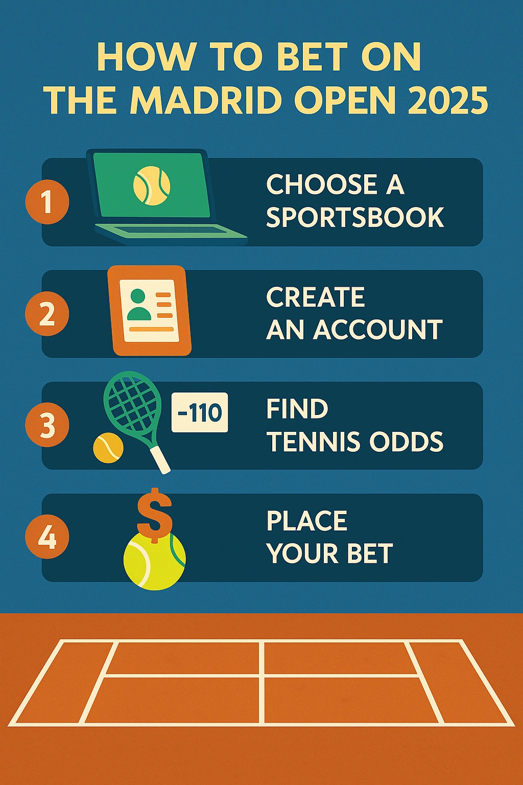 A clean and modern infographic titled "HOW TO BET ON THE MADRID OPEN 2025" shows four steps on a blue and clay-themed background. Each step includes tennis-related icons: 1) Choose a sportsbook, 2) Create an account, 3) Find tennis odds, and 4) Place your bet, with clear, easy-to-read text and simple graphics.
