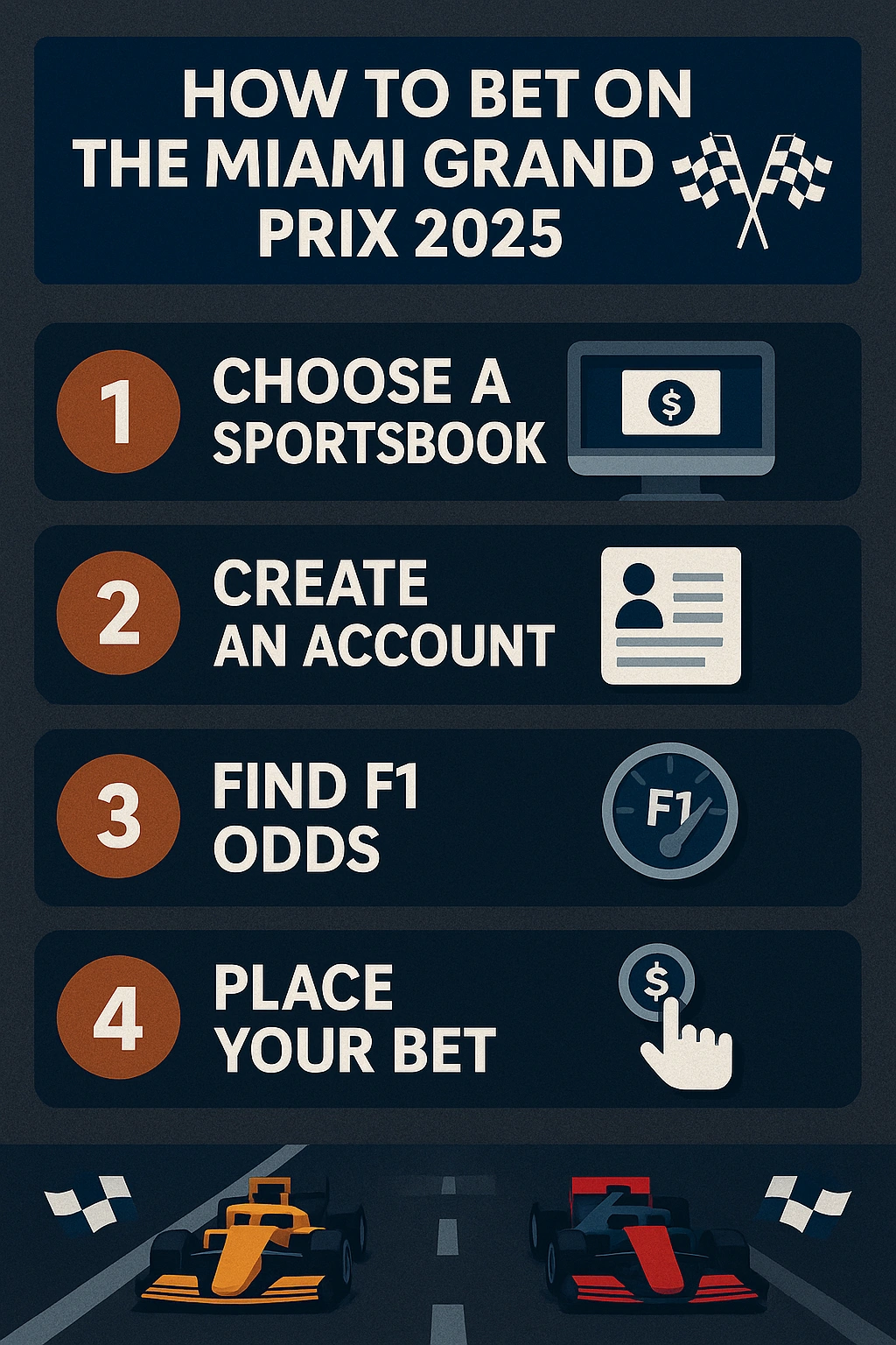 A sleek infographic titled "How to Bet on the Miami Grand Prix 2025 – Step-by-Step Guide" presents four steps with racing-themed icons: 1) Choose a sportsbook, 2) Create an account, 3) Find F1 odds, and 4) Place your bet. The design features a dark, asphalt-textured background with checkered flag accents and bold, clear text.