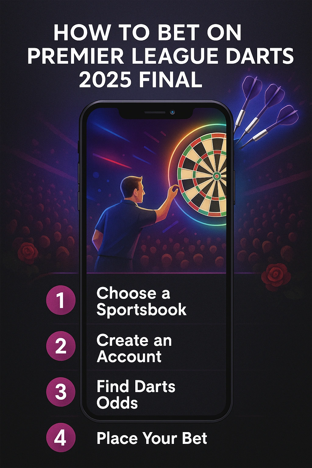 Infographic showing four steps to bet on the Premier League Darts 2025 Final: choose a sportsbook, create an account, find darts odds, and place your bet, with darts-themed icons on a sleek, modern background.