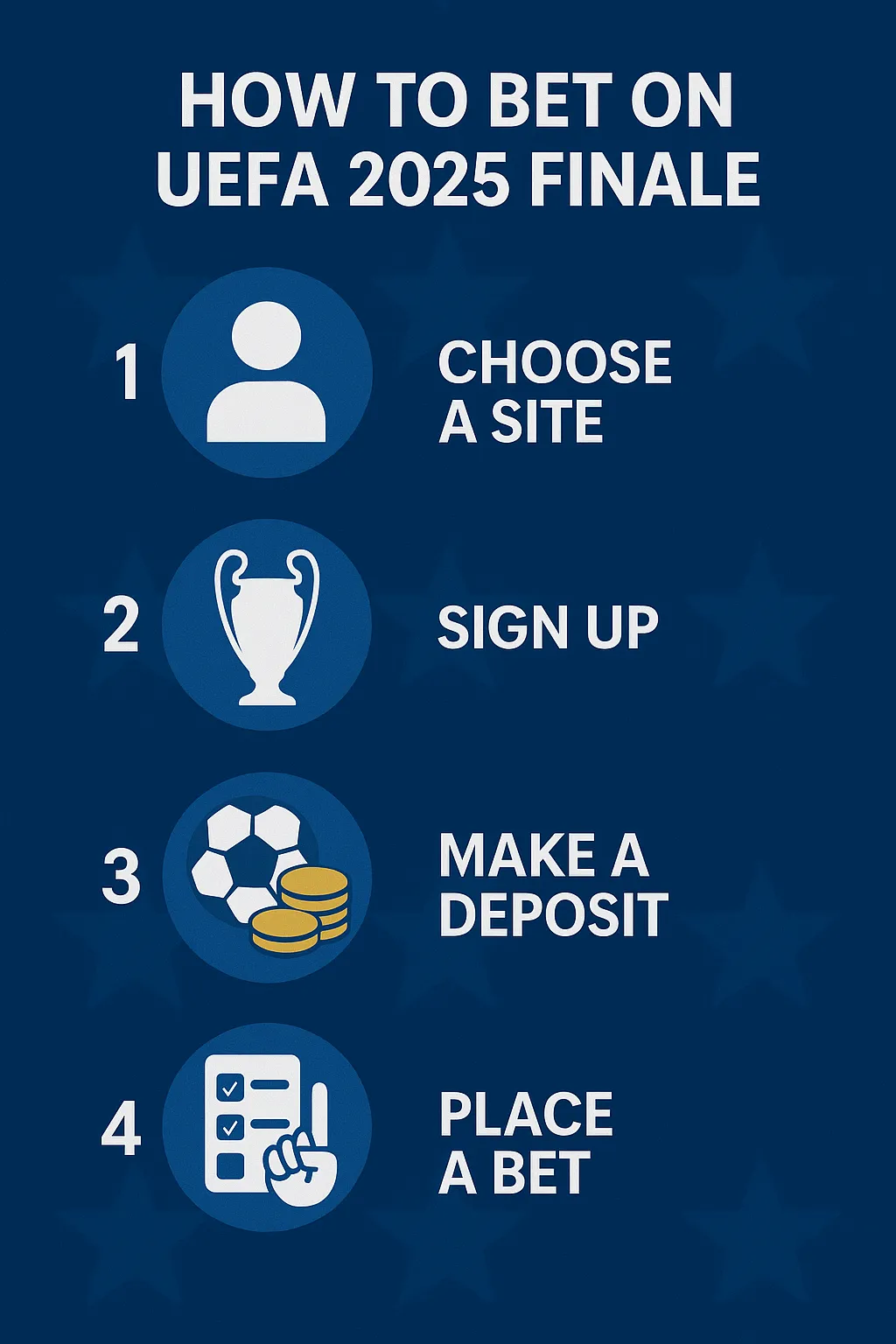 A 2D infographic with four blue icons and text explaining how to bet on the UEFA 2025 Finale: 1. Choose a site, 2. Sign up, 3. Make a deposit, 4. Place a bet.