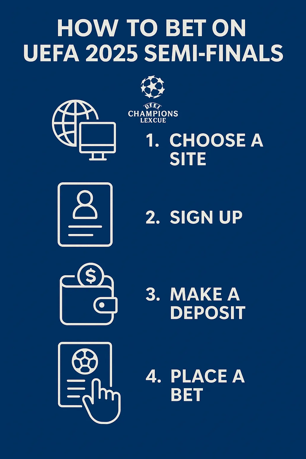 An infographic with a blue background and four white icons explaining how to bet on the UEFA 2025 Semi-Finals: choose a site, sign up, make a deposit, and place a bet.