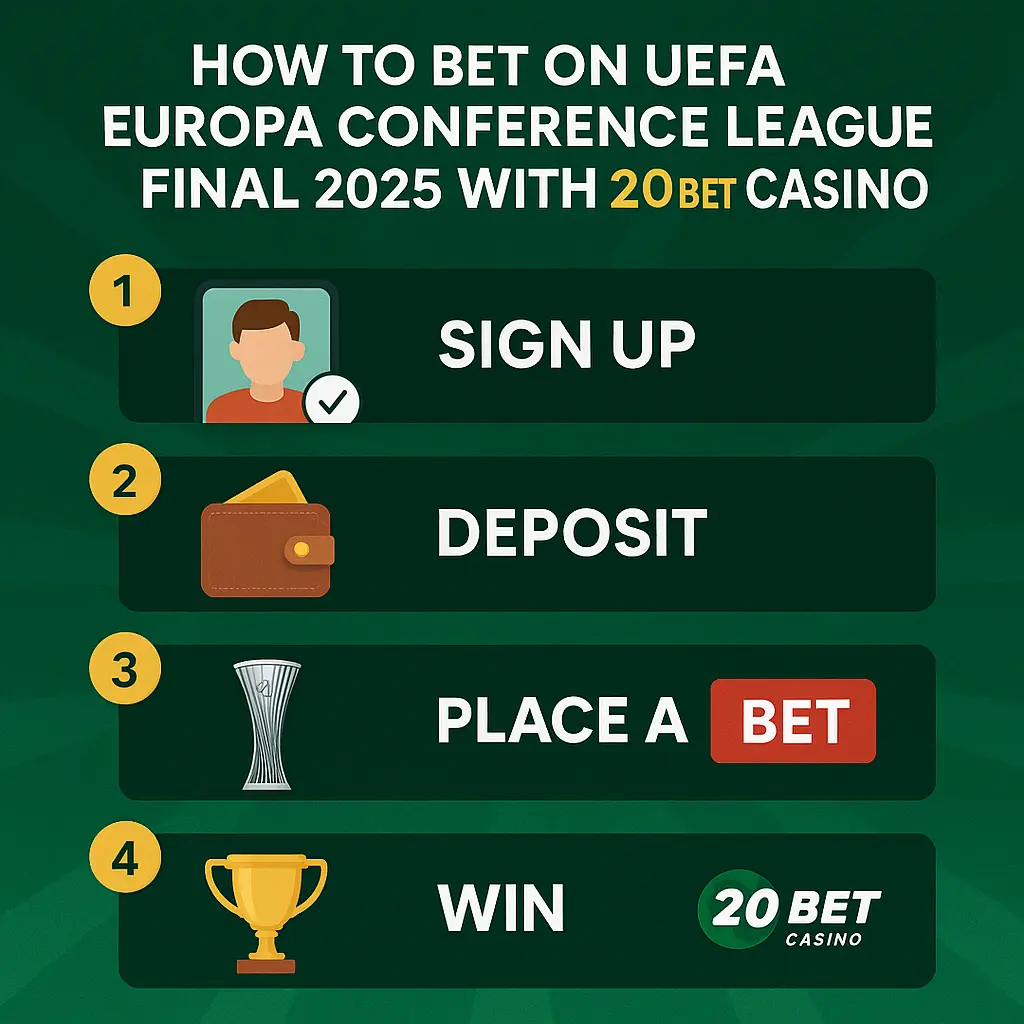 Infographic showing four steps to bet on the UEFA Europa Conference League Final 2025 using 20Bet Casino: sign up, deposit, place a bet, and win. Features icons and a green tournament theme.